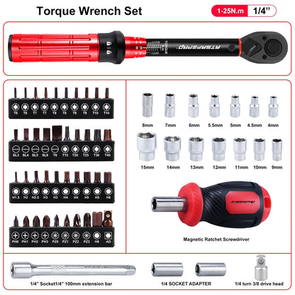 ATsafepro Bike Torque Wrench Set 1/4 Inch,3-25Nm, 61 Piece Magnetic Ratchet Screwdriver Set,Small Torque Wrench with Bits and Extension Rod for Bicycle Maintenance, DIY