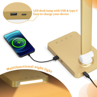 LED Desk Lamp with USB Ports,Touch Desk Lamps for Home Office with 5 Color Modes,3 Brightness Desk Light with Small Night Light,Reading Lamp Table Lamp for Bedroom Bedside Study Black （with adapter）