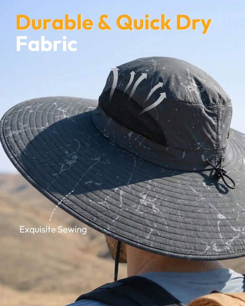 Mens Sun Hat Super Wide Brim Waterproof Breathable Bucket Hats for Men Fishing, Hiking, Camping Sun Hats for Men Black Ink