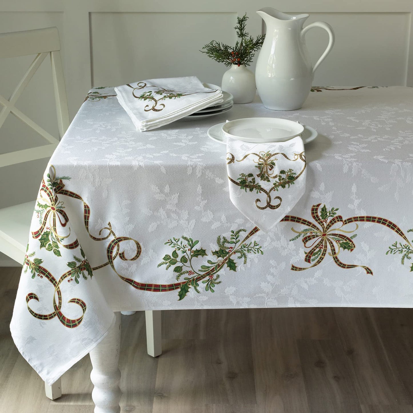 Benson Mills Merry Ribbons Engineered Printed Jacquard Fabric Christmas Table Cloth, for Christmas, Winter, and Holiday Tablecloth (60" x 104" Rectangular, Merry Ribbons)