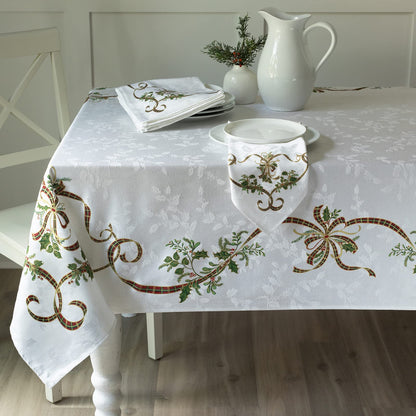 Benson Mills Merry Ribbons Engineered Printed Jacquard Fabric Christmas Table Cloth, for Christmas, Winter, and Holiday Tablecloth (60" x 104" Rectangular, Merry Ribbons)