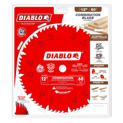Diablo Combination Saw Blade for Wood - 12" Diameter, 60 Comb Teeth, 1" Arbor, .118" Kerf, 15° Hook Angle, .071" Plate, 6,000 Max RPM - D1260X