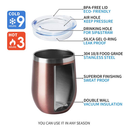 HASLE OUTFITTERS 12oz Wine Tumbler with Lid Stemless Wine Glasses Double Wall Vacuum Travel Mugs stainless steel Coffee Cup for Cold & Hot Drinks Wine Coffee Cocktails Beer 6 Pack Rose Gold