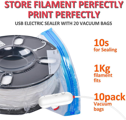 Vacbird 3D Printer Accessories Upgrade Vacuum Kit, 20pcs 3D Filament Vacuum Bags with USB Pump (30 * 34cm) Reusable, for 3D Printer Filament Storage, Protect Filament from Moisture