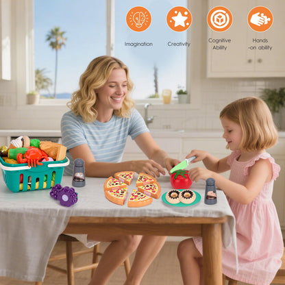 150Pcs Kitchen Playset, Toddlers Pretend Cooking Cookware Accessories, Food, Picnic Blanket, Fruits, Veges, 2Pack Shopping Storage Basket, Dessert and Prop Money, Gift for Kids (Blue)