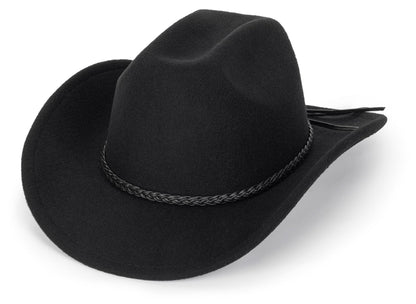Retro Western Cowboy Hat for Men Women, Wide Brim Felt Cowgirl Fedora Hats with Braided Rope Band M