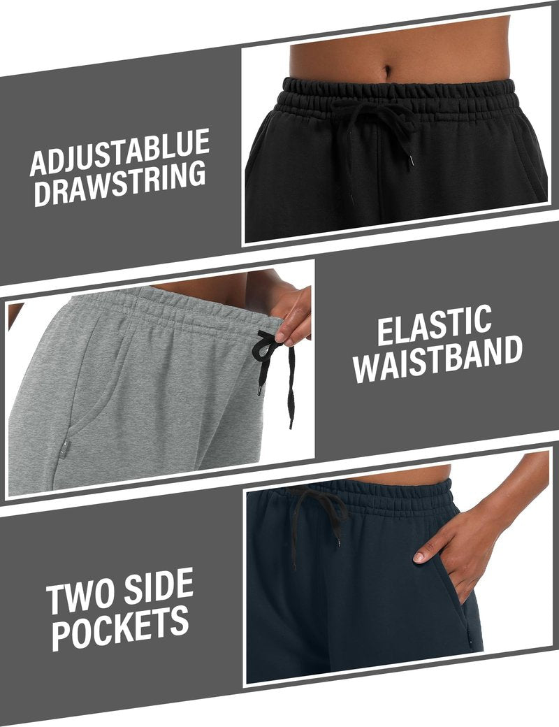 Dalavch 4 Pack Women's Summer Sweat Shorts Cotton Comfy Drawstring Shorts for Casual Lounge Sport Athletic with Pockets 2 Black 1 Pitch Blue 1 Heather Grey Large