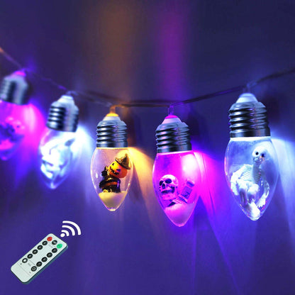 Halloween Bulb String Lights Decorations, Battery Operated Powerd 8.2 FT 12 LED Orange Purple White Skeleton Pumpkin Tombstone Spooky Cute Timer 8 Lighting Modes Twinkle Indoor Outdoor Window Decor