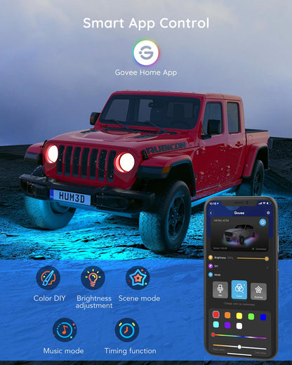 Govee Underglow Car Lights, 4pcs RGBIC Smart LED Lights for Cars with 16 Million Colors and 10 Scene Modes, App Control, Neon Accent Strip Lights for SUVs, Trucks, DC 12-24V