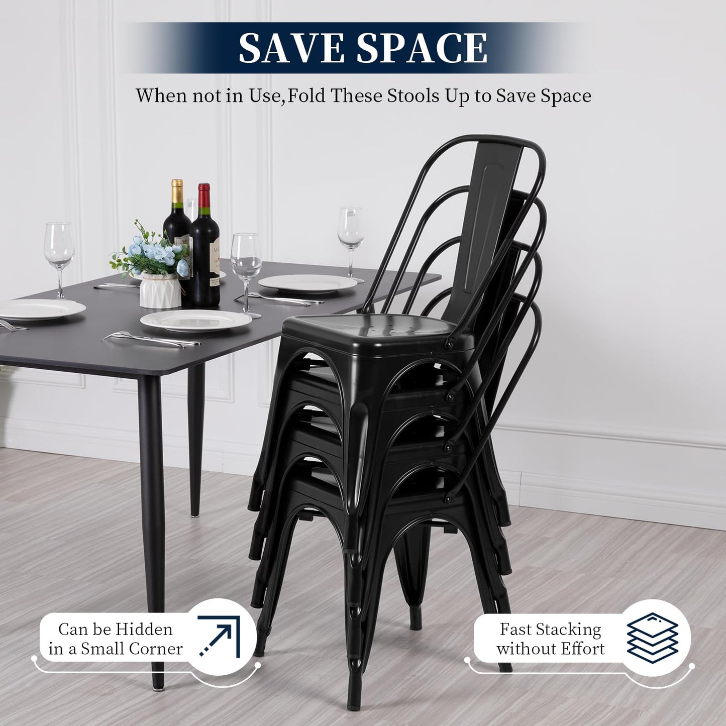 FDW | Metal Dining Chairs | Set of 4 | Black | Stackable Tolix Side Chairs with Backrest | Scratch-Resistant | Non-Slip Feet | Indoor/Outdoor Use | 330 lbs Capacity | for Kitchen & Restaurant