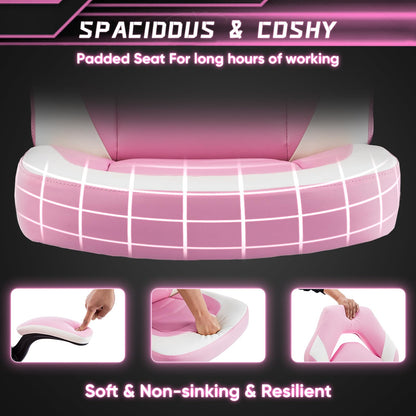 Gaming Ergonomic Office Chair for Adults, Height Adjustable Computer Desk Chair with Flip-up Armrests, PU Leather Swivel Video Game Chair with 360° Rolling Wheels, Pink