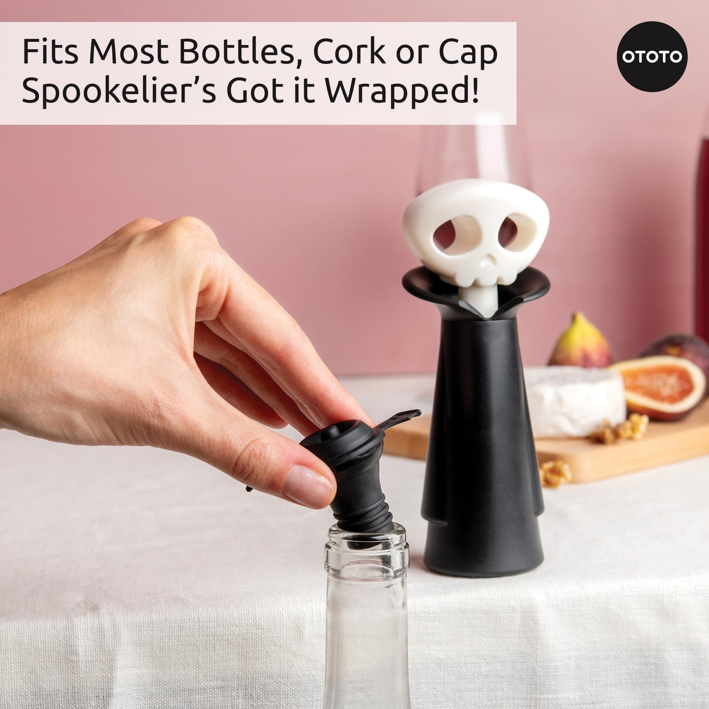 OTOTO New Spookelier Wine Saver Pump and 3 Wine Stopper - Wine Bottle Stoppers for Wine Bottles, Wine Stoppers Vacuum, Spooky Goth Accessories, Fun Skull Halloween Goth Kitchen, Goth Gifts Gadgets
