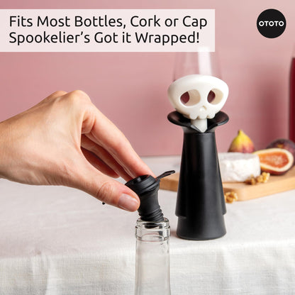 OTOTO New Spookelier Wine Saver Pump and 3 Wine Stopper - Wine Bottle Stoppers for Wine Bottles, Wine Stoppers Vacuum, Spooky Goth Accessories, Fun Skull Halloween Goth Kitchen, Goth Gifts Gadgets