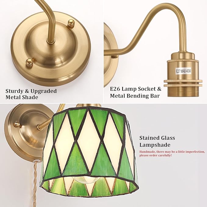 Vintage Wall Sconce, Wall Mounted Lamps with Green Checker Sconce, Stained Glass Shade Gold Wall Lights Fixture with Plug in Cord and Switch for Bedroom Bathroom Living Room Hallway