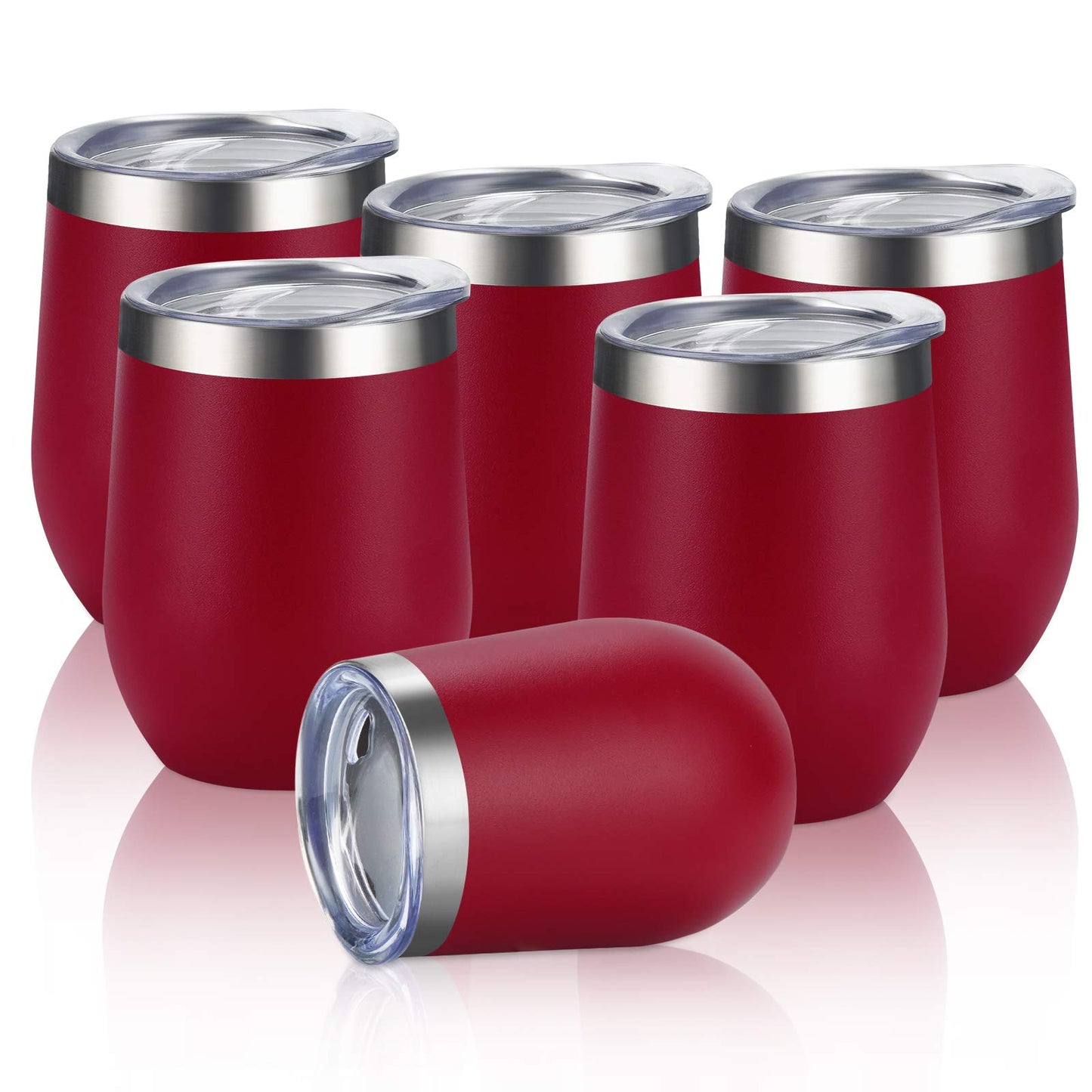 6 Pack Stainless Steel Wine Tumblers, 12Oz Insulated Wine Tumbler, Double Wall Insulated Wine Glass, Stainless Steel Stemless Wine Cups with Lids for Coffee, Wine, Cocktails, Champaign, Wine Red