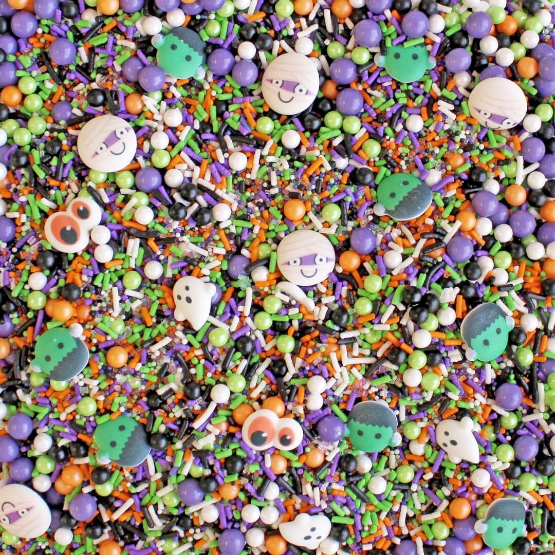 Sprinkle Pop Monster Mashup Sprinkle Mix| Orange Black White Lime Purple Sprinkles| Halloween Sprinkles with ~6 monster, ghosts, creepy eyeballs Made in USA for Decorating Cakes Cookies Cupcakes, 2oz