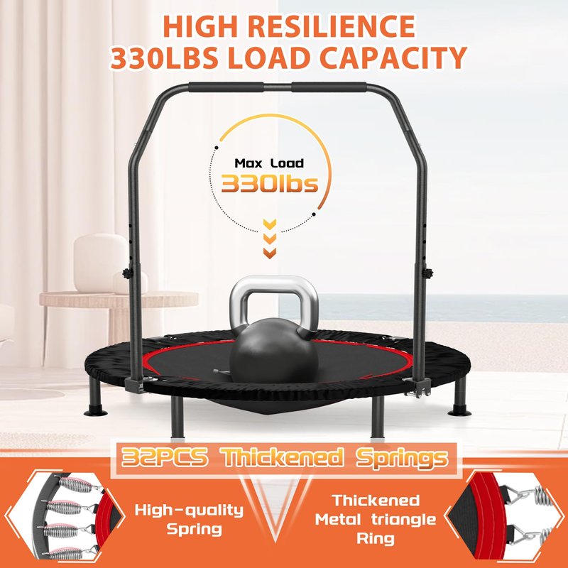 K KENSONE 40” Mini Flodable Spring Rebounder Trampoline for Adults with Adjustable Bar, Small Exercise Trampoline for Indoor Workout and Fitness, Purple Resistance Band Included, Max Load 330 LBS