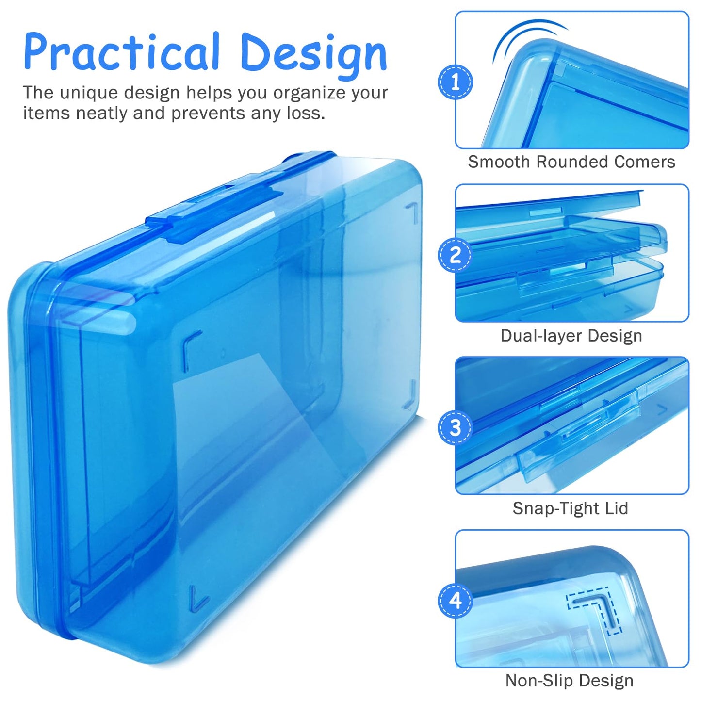 Nuozme Double Layer Large Capacity Pencil Box,Plastic Translucent Pencil Box, Hard Pencil Cases with Snap-Tight Lid for Pens, Pencils, School Supplies,Office Supplies,Medium-sized,1 Pack