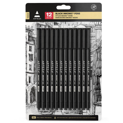 ARTEZA Black Inkonic Fineliners Pens, Set of 12, 0.4 mm Fine Tip Markers, Water-Based Art Pens for Drawing, Sketching, Journaling, Calligraphy