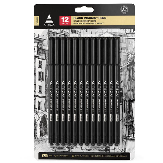 ARTEZA Black Inkonic Fineliners Pens, Set of 12, 0.4 mm Fine Tip Markers, Water-Based Art Pens for Drawing, Sketching, Journaling, Calligraphy