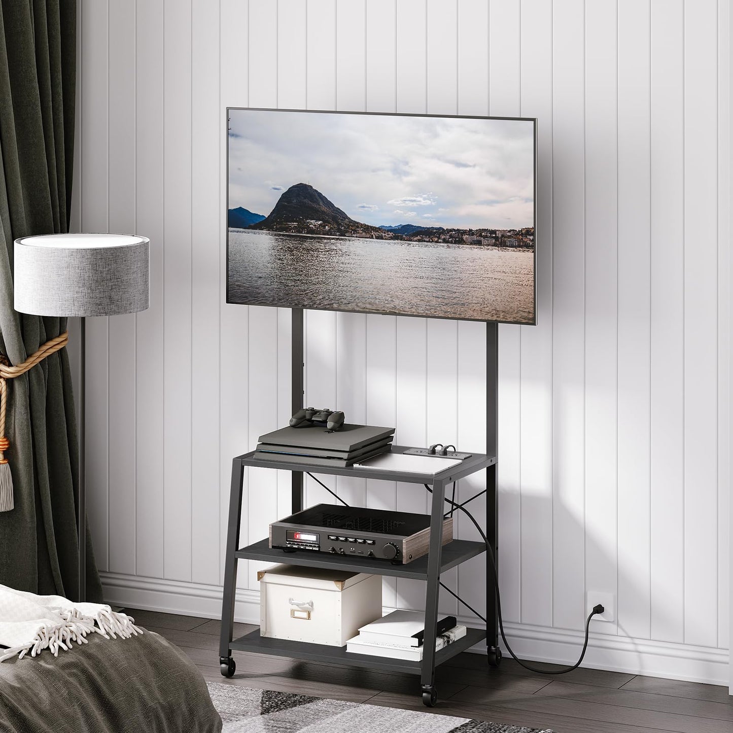 HOOBRO Rolling TV Stand with Mount and Power Outlet Up to 55 inch TV, Corner Entertainment Center, Small TV Stand with 3-Tier Storage Shelves for Living Room, Bedroom, Rustic Brown and Black BF66UDS01