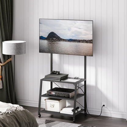 HOOBRO Rolling TV Stand with Mount and Power Outlet Up to 55 inch TV, Corner Entertainment Center, Small TV Stand with 3-Tier Storage Shelves for Living Room, Bedroom, Rustic Brown and Black BF66UDS01
