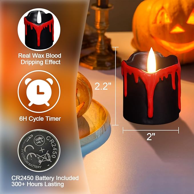 Halloween Flameless Votive Candles with 6H Timer, Black LED Candle Drip Wax, Flickering Tea Lights Candles, Battery Operated Real Wax 6 Pack Φ 2" H 2.3" for Halloween Decorations
