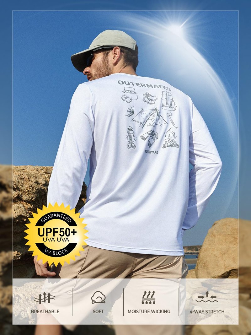 NORTHYARD Men's UPF 50+ Sun Protection Shirts Long Sleeve Fishing Rash Guard UV SPF Outdoor Hiking Swimming T-Shirt Quick Dry White L