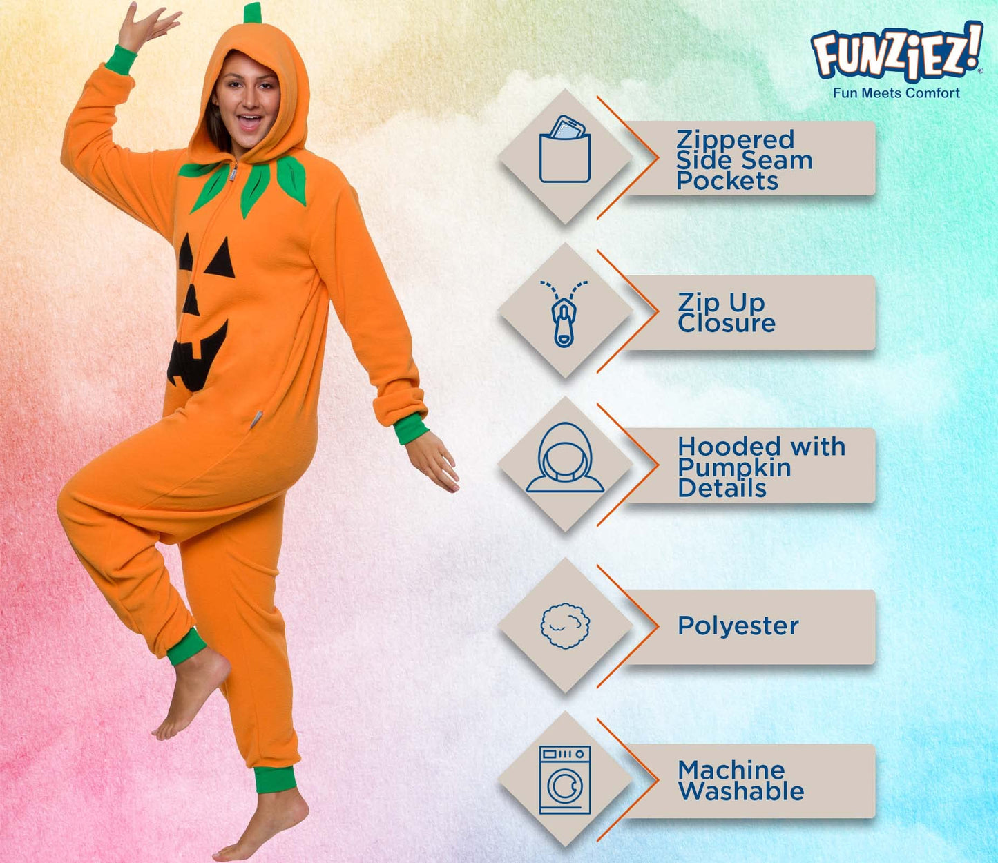 Funziez! Slim Pumpkin Adult Onesie - Jack O Lantern Halloween Costume - One Piece Cosplay Suit for Adults, Women and Men
