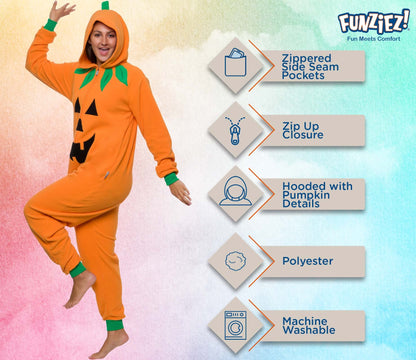 Funziez! Slim Pumpkin Adult Onesie - Jack O Lantern Halloween Costume - One Piece Cosplay Suit for Adults, Women and Men