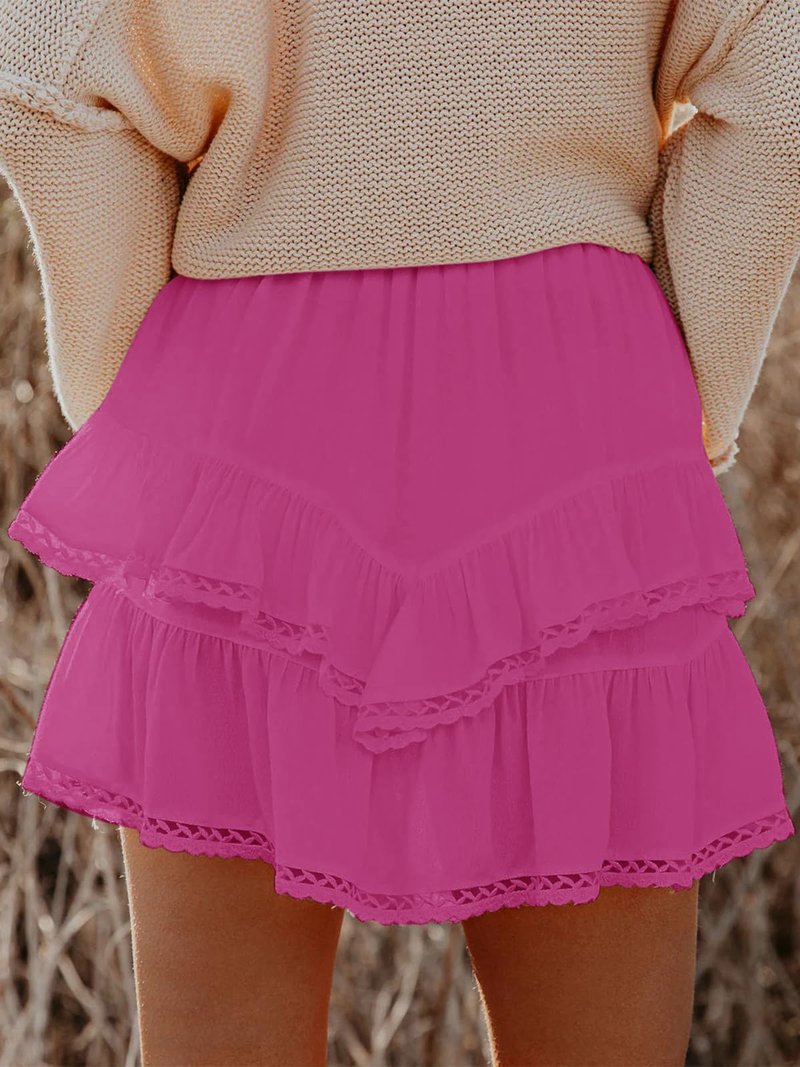 Aoudery Flowy Shorts for Women Casual Boho Ruffle Tiered Skorts High Waist Mini Skirts Golf Tennis Butterfly Crochet Shorts - All Hot Pink L