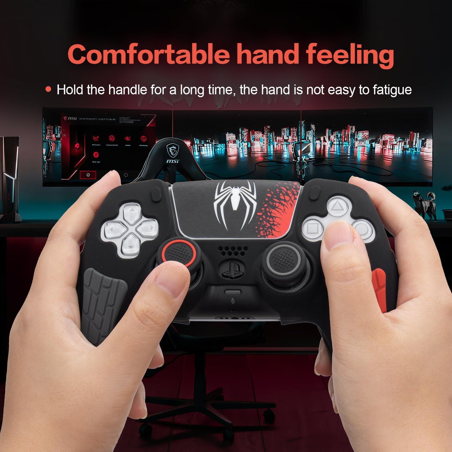 ECHZOVE PS5 Controller Cover Case - Anti-Slip Silicone Skin for PS5 DualSense Controller with Thumb Grip Caps, Joystick Protectors, Spider-Man Theme Sticker - Black