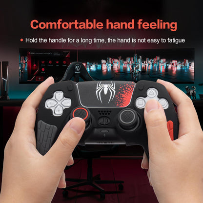 ECHZOVE PS5 Controller Cover Case - Anti-Slip Silicone Skin for PS5 DualSense Controller with Thumb Grip Caps, Joystick Protectors, Spider-Man Theme Sticker - Black