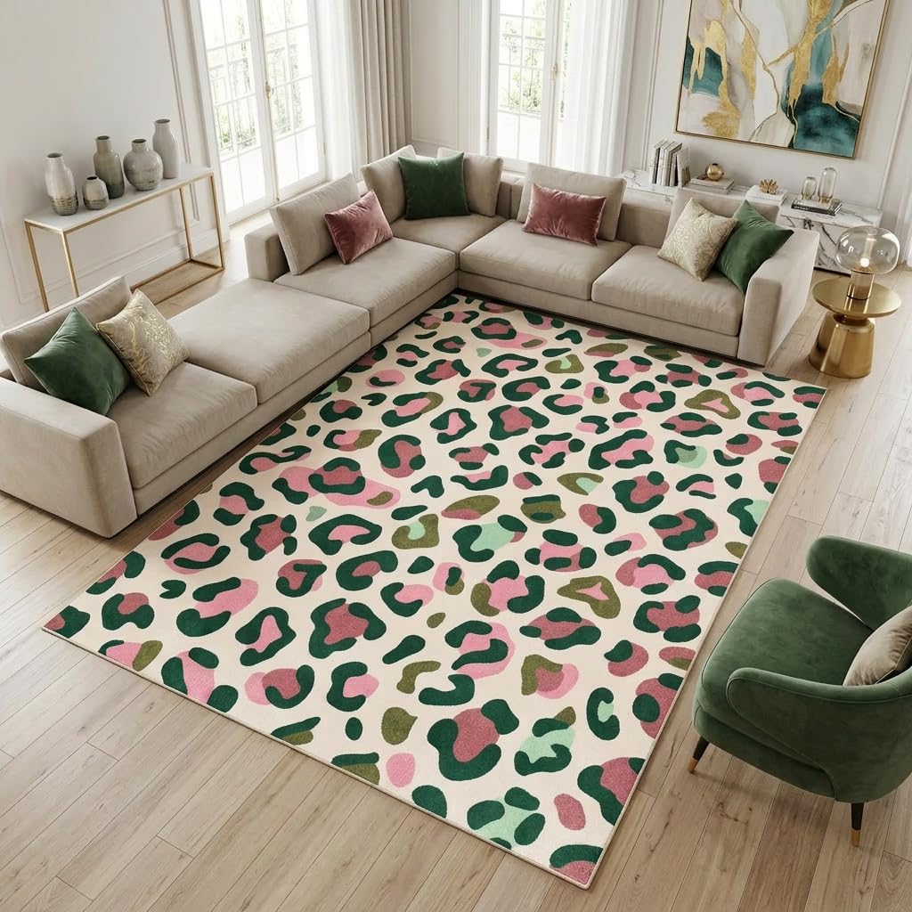 ERYATOU 5x7 Area Rug, Pink and Green Leopard Print Rug, Washable Non-Slip Low Pile Faux Cashmere Carpet for Teen Girls Bedroom, Dorm Room, Living Room Decor