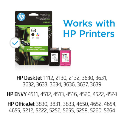 HP 63 Black, Tri-Color Ink Cartridge for HP Printers (2-pack), Works with DeskJet 1112, 2130, 3630 Series; ENVY 4510, 4520; OfficeJet 3830, 4650, 5200, Eligible for Instant Ink, L0R46AN