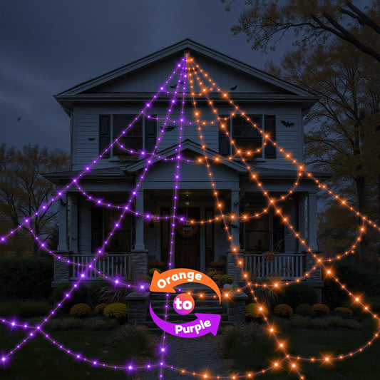 Halloween Decorations Outdoor Spider Web Lights - 550 LEDs Purple and Orange Remote Control Timer Plug in Giant Halloween Decor Cobwebs - 11 Modes Lighting Waterproof Yard Garden Party Decorations