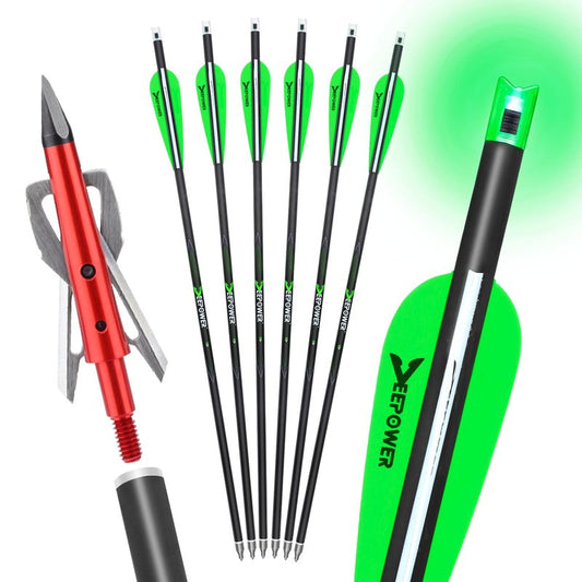 DEEPOWER 6 Pack Crossbow Bolts 20 inch with Broadheads 100 Grain and 7.62mm Lighted Nocks Crossbow Arrows for Hunting and Practice (Green)