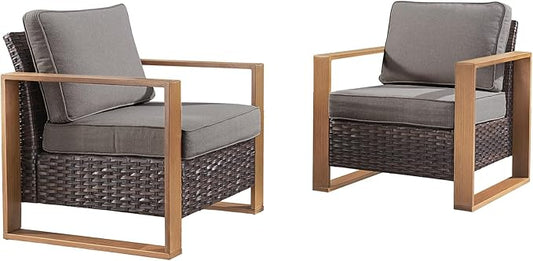 Rilyson Wicker Outdoor Patio Chairs Set of 2, Rattan Patio Furniture Chairs with Sturdy Frame,All-Weather PE Wicker,Wide Armrest,Deep Seating and Thick Cushions for Deck Porch Garden(Brown/Grey)