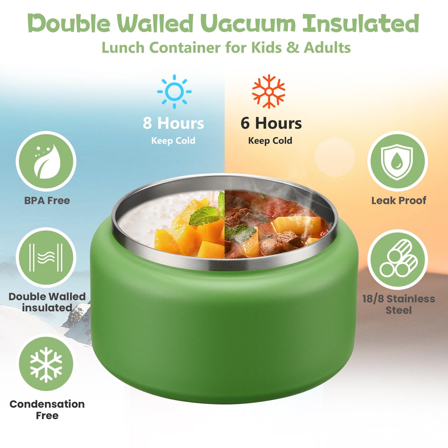 13.5oz Soup Thermo for Hot Food Kids Insulated Vacuum Food Jar with Buckle Lid,Wide Mouth Leakproof Stainless Steel Lunch Container with Spoon-Green