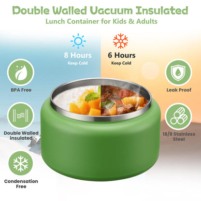 13.5oz Soup Thermo for Hot Food Kids Insulated Vacuum Food Jar with Buckle Lid,Wide Mouth Leakproof Stainless Steel Lunch Container with Spoon-Green