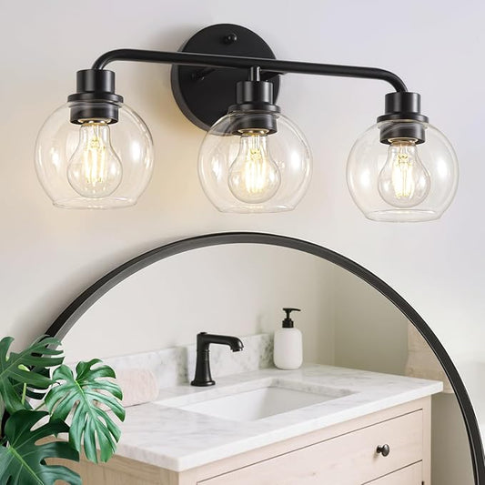 Bathroom Light Fixtures Black Vanity Light, 3 Light Modern Wall Sconces Lighting Bathroom Lights with Globe Clear Glass Shades, Bath Wall Lights Wall Lamp for Mirror Kitchen Living Room Hallway