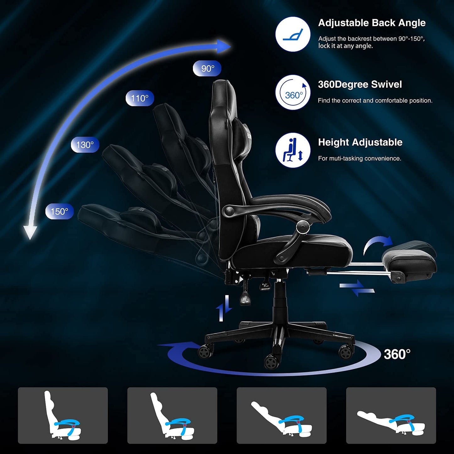 ELECWISH Gaming Chair, Reclining Computer Chair with Footrest and Lumbar Support, High Back Ergonomic for Adults with Headrest PU Leather