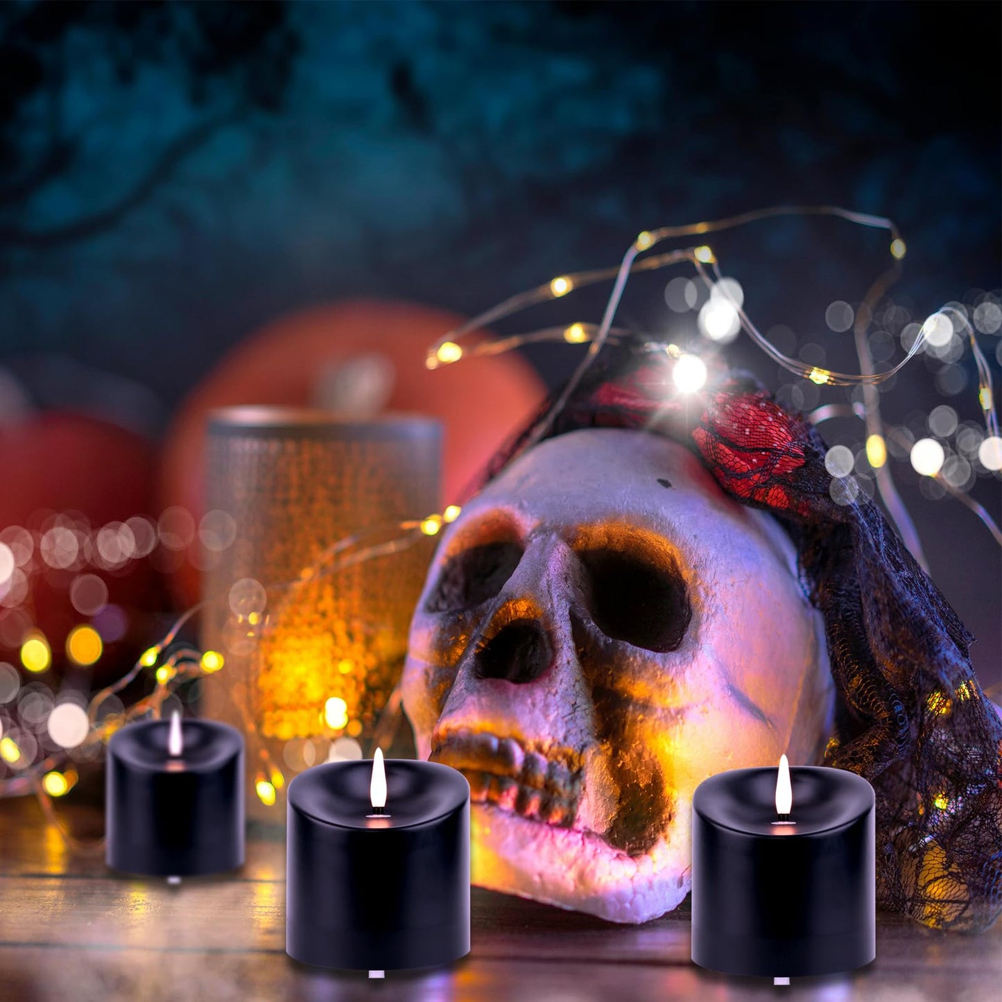 TECHLONG Black Outdoor Waterproof Flameless Candles with Timer, Remote Control Battery Operated Candles Flickering Last 600 Hours, 3"x3" Electric Fake LED Candles for Halloween Decoration, Set of 3