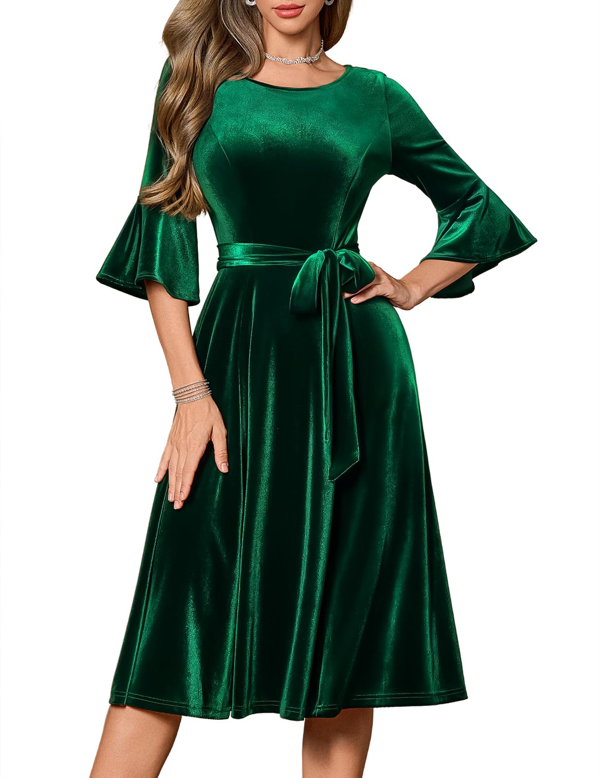 HomRain Dark Green Long Sleeve Velvet Dress Fit and Flare Bell Sleeve Fall Wedding Guest Dress Green Velvet Dress for Christmas Cocktail Party Holiday Velvet-DarkGreen L