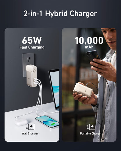 Anker GaNPrime Power Bank, 2-in-1 Portable Charger, 10,000mAh 30W USB-C Battery Pack with 65W Wall Charger, Works for iPhone 15/15 Plus/15 Pro/15 Pro Max/14/13, Samsung, Pixel, MacBook, Dell