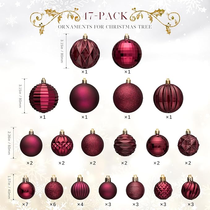 JORNOY Christmas Tree Ornaments Set, 47 Pack Assorted Shatterproof Hanging Balls Decorations, Plastic Bulbs Bulk with Lanyard for Home Holiday Party Decor, 3-Sizes (Jewel Tone)