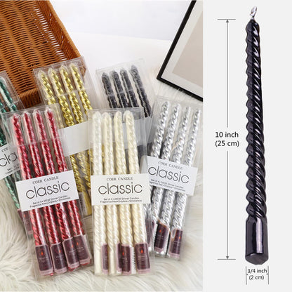 SEVEN LUCKY LIGHT Halloween Candles,10 inches Spiral Design Black Taper Candles Set of 4,Metal Style Ture Dripless Candlesticks,Clean Burning Candle Sticks