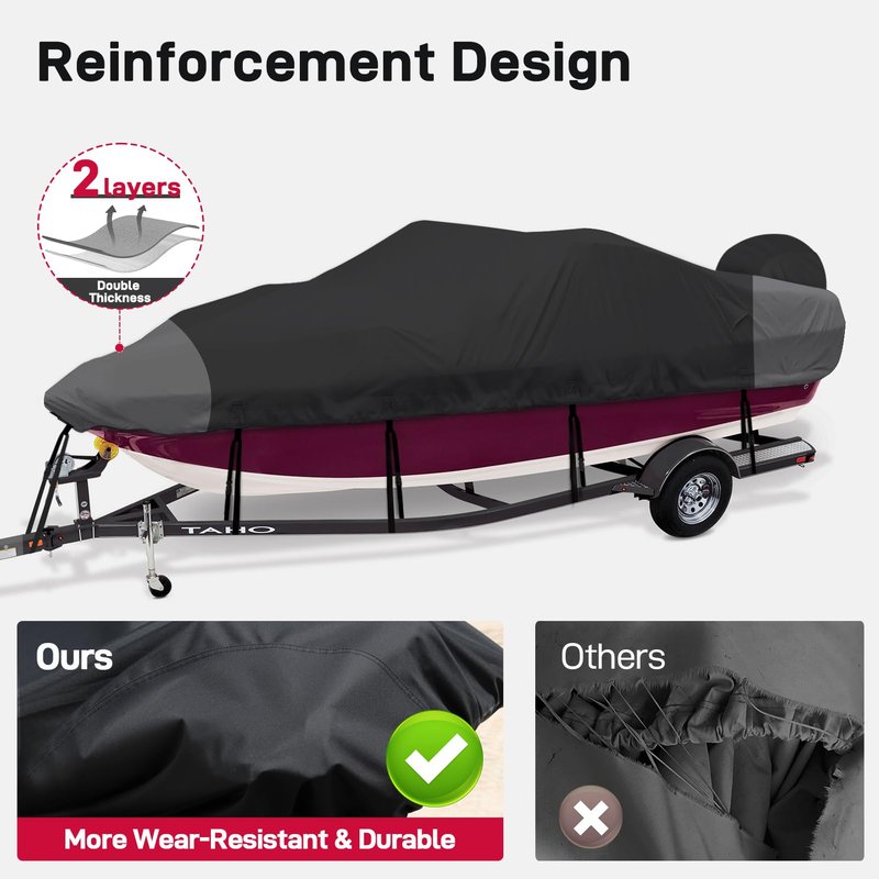 Mionovity Bass Boat Cover 16-18.5ft, 600D Heavy Duty Waterproof Boat Cover 16 17 18.5 Foot (16'-18.5' with Motor Cover), Fits V-Hull, Fishing, Runabout Bowrider Boat