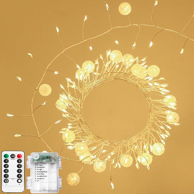 Copper Wire Firecracker Christmas Lights, 10FT 200LED Battery Operated Twinkle Cluster Fairy Lights for Christmas Tree with Remote for Bedroom Dorm Wreath DIY Wedding Christmas Decoration