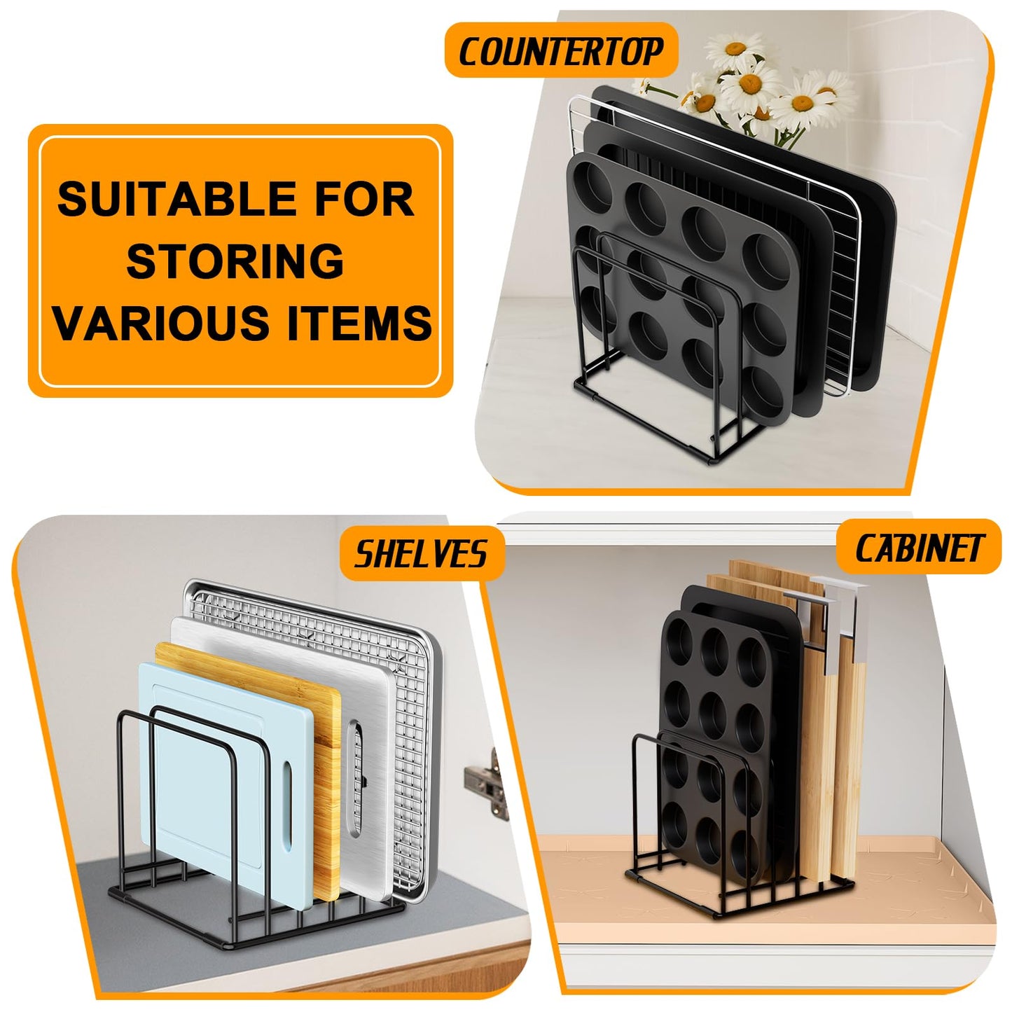 Kitchen Organizer Rack - 5-Slot Heavy-Duty Cutting Board and Bakeware Holder, Rust-Resistant with Anti-Slip Feet for Countertop or Cabinet Storage